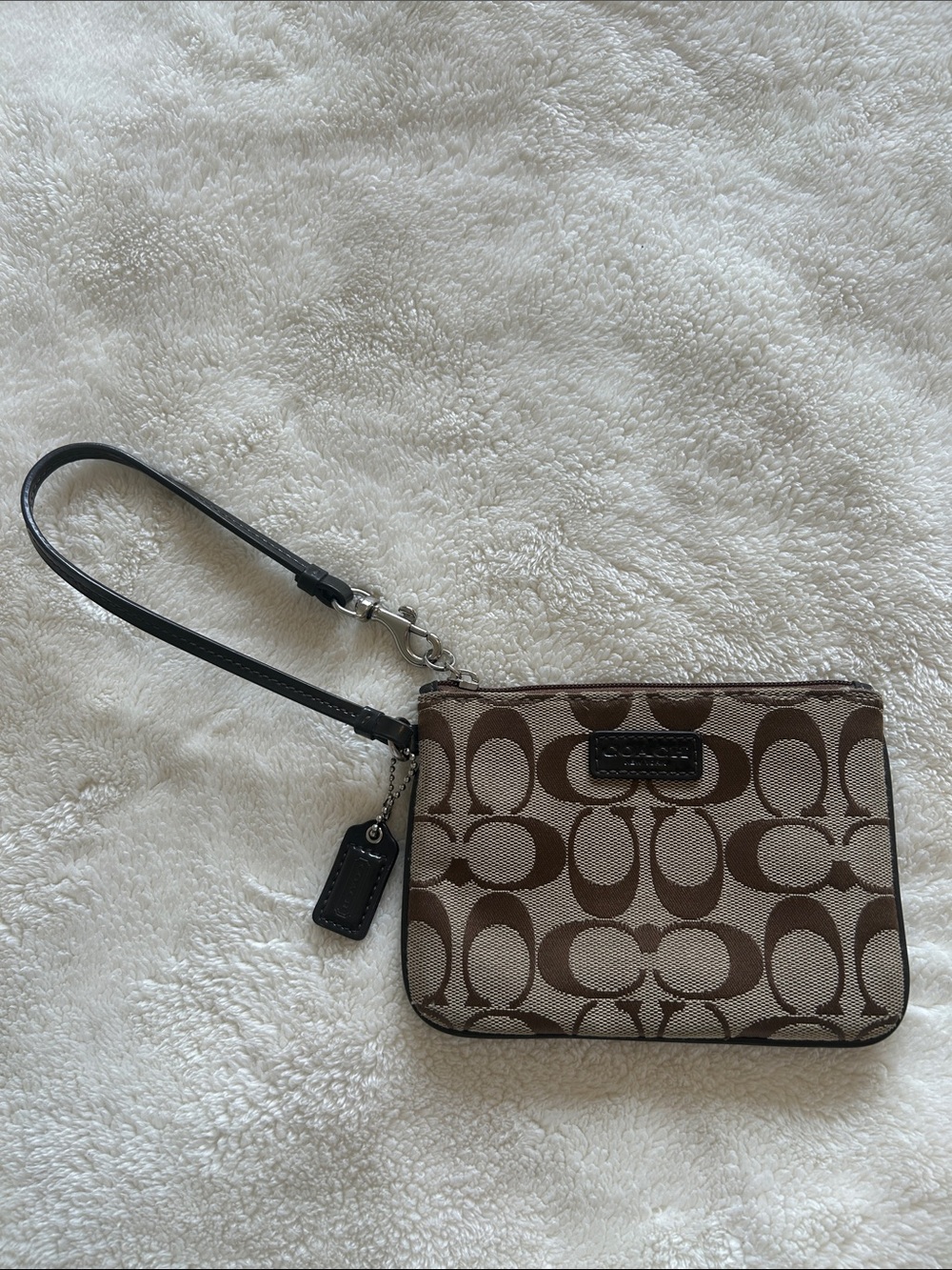 Coach Brown/Tan Signature Canvas Wristlet with Black Strap